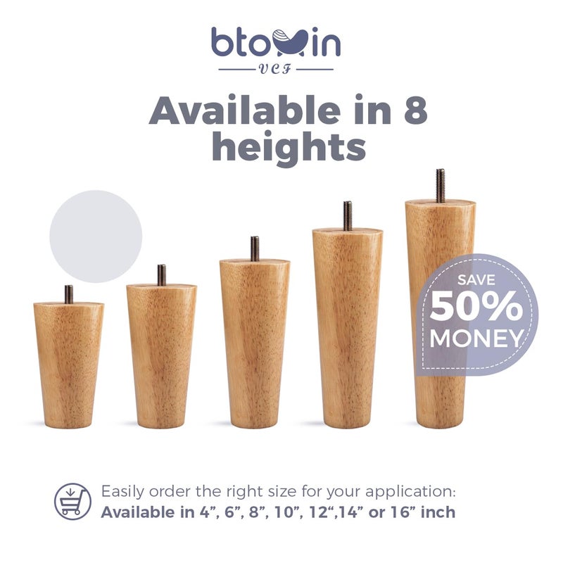 Btowin 4 inch Solid Wood Furniture Legs, 4Pcs Mid-Century Modern Wooden Replacement Feet with Threaded 5/16'' Hanger Bolts & Mounting Plate & Screws for Sofa Couch Armchair Cabinet TV Stand - Image 5